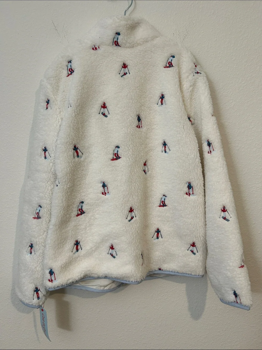 Cat & Jack White Plush Sherpa Jacket with Skier Print and Light Blue Trim